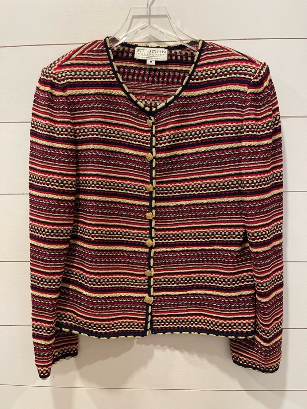 St. John Vintage Santana Striped Knit Cardigan in Red, Black & Gold Size Medium